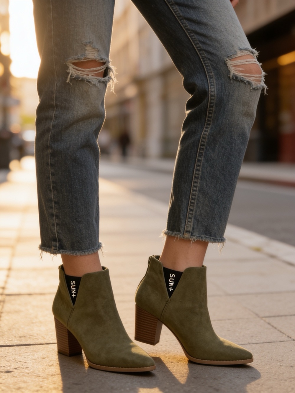 Sun + Stone Olive Suede Block Heel Ankle Boots